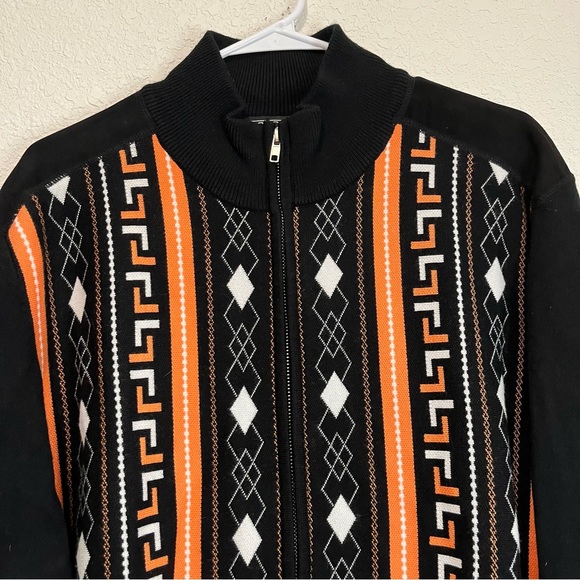 Luxton Black Orange Full Zip Argyle Long Sleeves Elbow Patch Sweater Mens Sz L - Picture 2 of 11
